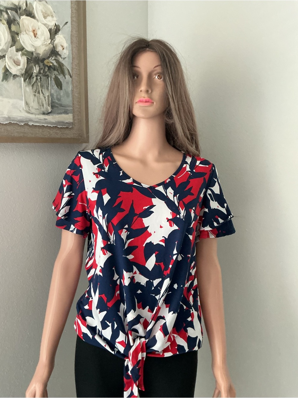 Passport Red, White & Navy Abstract Tie-Front V-Neck Top